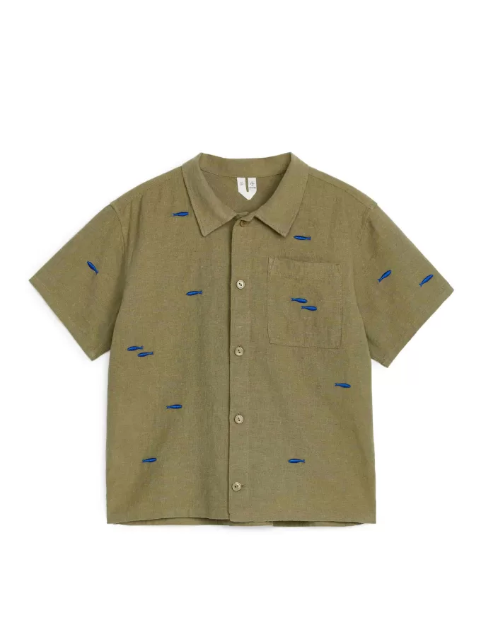 Besticktes Hemd aus Leinen-Baumwolle